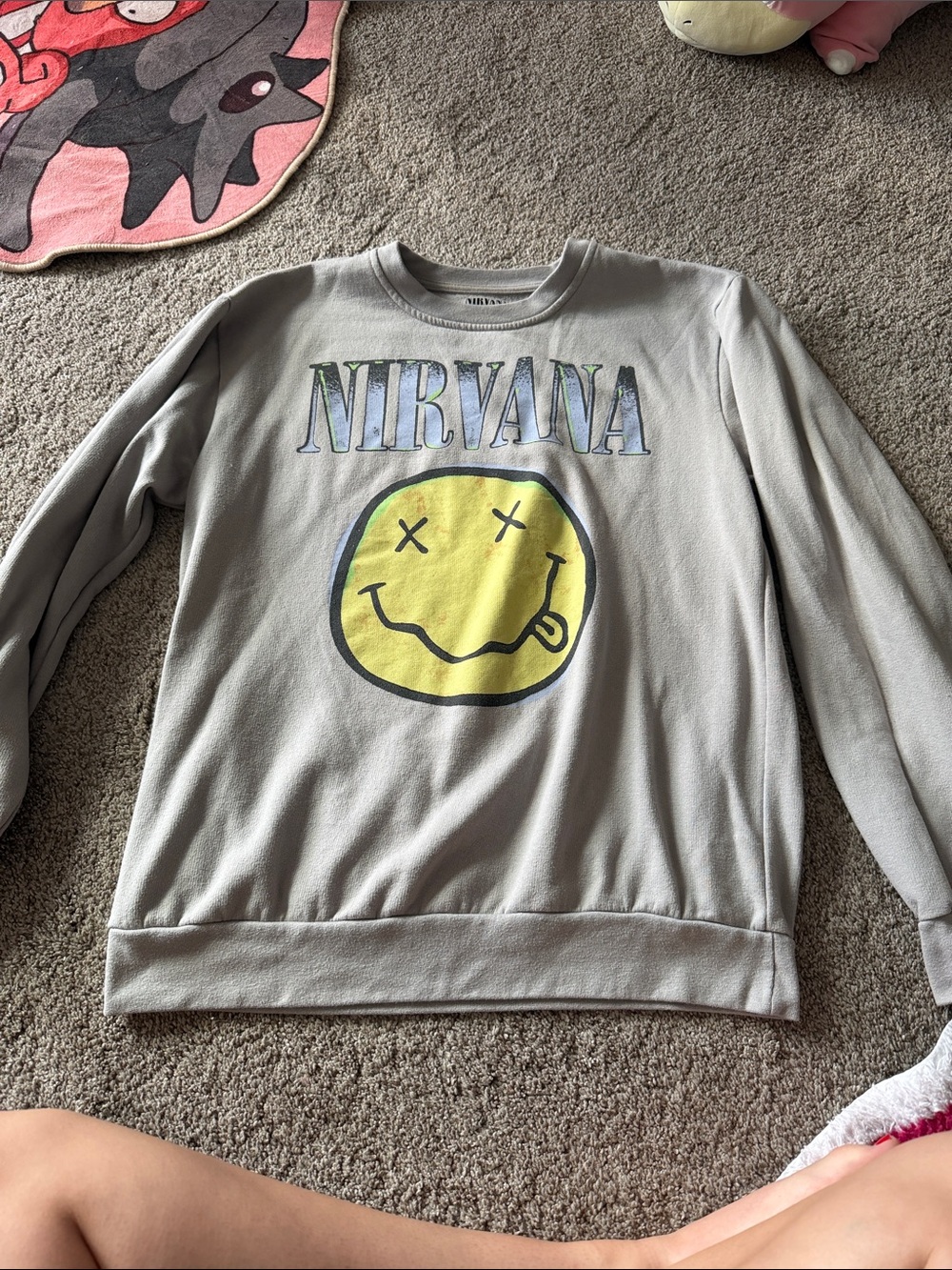 NIRVANA Light Gray Crewneck with Yellow Smiley Graphic
